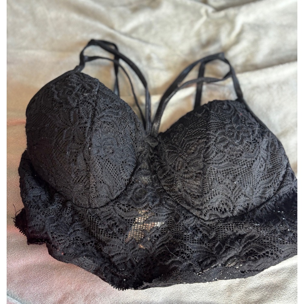 Bozzolo Black Lace Padded Bralette Longline Strappy Caged Back Small